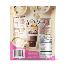 Back of protein smoothie powder packet showing instructions to ‘Ditch the Blender’, featuring a layered vanilla latte smoothie with coffee beans, coconut flakes, and vanilla flowers. Contains nutrition facts panel, ingredient list highlighting grass-fed whey protein and collagen, and simple shake-to-make directions. Pink accent design with manufacturing information for Flavcity
