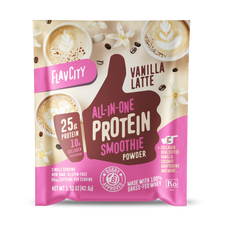 Single serving packet of FlavCity Vanilla Latte All-in-One Protein Smoothie Powder featuring 25g protein and 10g collagen per serving, with coffee beans and latte art imagery on beige background, pink branding elements, and Bobby Approved certification seal. Package indicates non-GMO, gluten-free, grass-fed whey protein with 60mg caffeine per 1.50 oz serving.