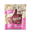 Single serving packet of FlavCity Vanilla Latte All-in-One Protein Smoothie Powder featuring 25g protein and 10g collagen per serving, with coffee beans and latte art imagery on beige background, pink branding elements, and Bobby Approved certification seal. Package indicates non-GMO, gluten-free, grass-fed whey protein with 60mg caffeine per 1.50 oz serving.