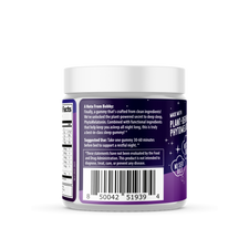 Lights Out Sleep Support gummy jar highlighting key ingredients like GABA, magnesium, and chamomile.