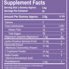 Supplement Facts label for sleep gummy vitamins on purple background showing nutritional information for one 3.5g serving. Contains ingredients like magnesium, jujube fruit, chamomile extract, L-Tryptophan, GABA powder, and PhytoMelatonin. Each gummy has 2 calories, 1g carbohydrate, 1g dietary fiber, and 0g sugar. Container includes 30 servings.