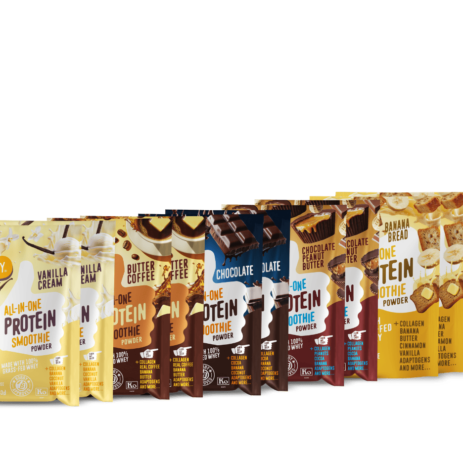 A row of Shop FlavCity Protein Smoothie 10 Single-Serve packets in flavors like Vanilla Cream, Butter Coffee, Chocolate, Chocolate Peanut Butter, and Banana Bread displayed side by side against a white background.