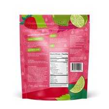 Back of the FlavCity Strawberry Limeade Electrolyte Drink Mix bag in pink and green tones. The design includes detailed ingredient descriptions such as organic strawberries, sea salt, lime, and a proprietary electrolyte blend, along with nutrition facts, a barcode, and illustrations of strawberries, lime slices, and water droplets.
