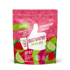 FlavCity Strawberry Limeade Electrolyte Drink Mix in a resealable pink and green bag. The design features a white thumb-up graphic and text promoting 'Hydration done right,' 'No added sugar,' 'Made with real fruit,' and 'Bobby Approved,' with illustrations of strawberries, lime slices, and water droplets.