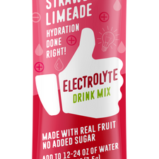 FlavCity Strawberry Limeade electrolyte drink mix packet featuring real fruit, and on-the-go packaging.