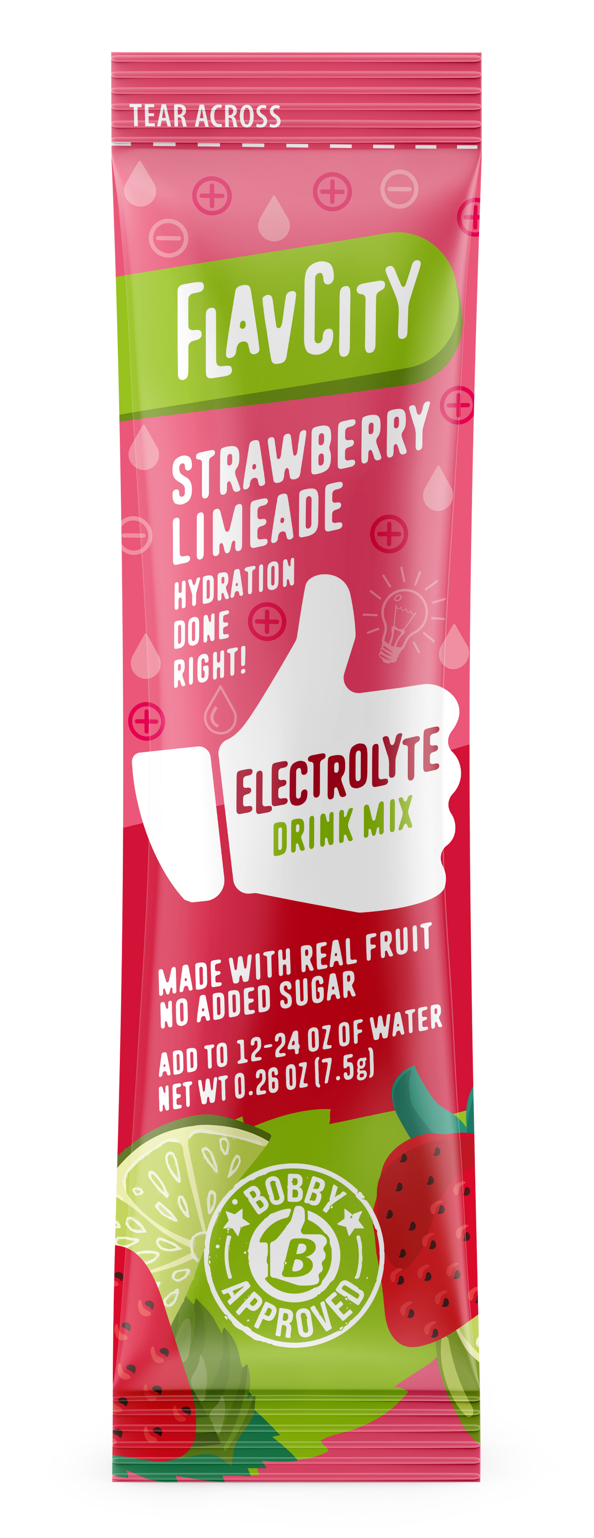 FlavCity Strawberry Limeade electrolyte drink mix packet featuring real fruit, and on-the-go packaging.