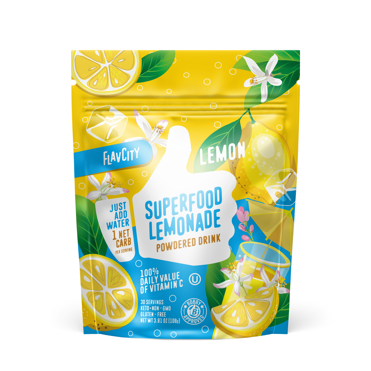 FlavCity Lemon Superfood Lemonade powdered drink mix in a resealable yellow and blue bag. The design features a white thumb-up graphic and text promoting 'Just add water,' '1 net carb per serving,' and '100% daily value of Vitamin C.' Decorated with illustrations of fresh lemons, lemon blossoms, and a glass of lemonade.