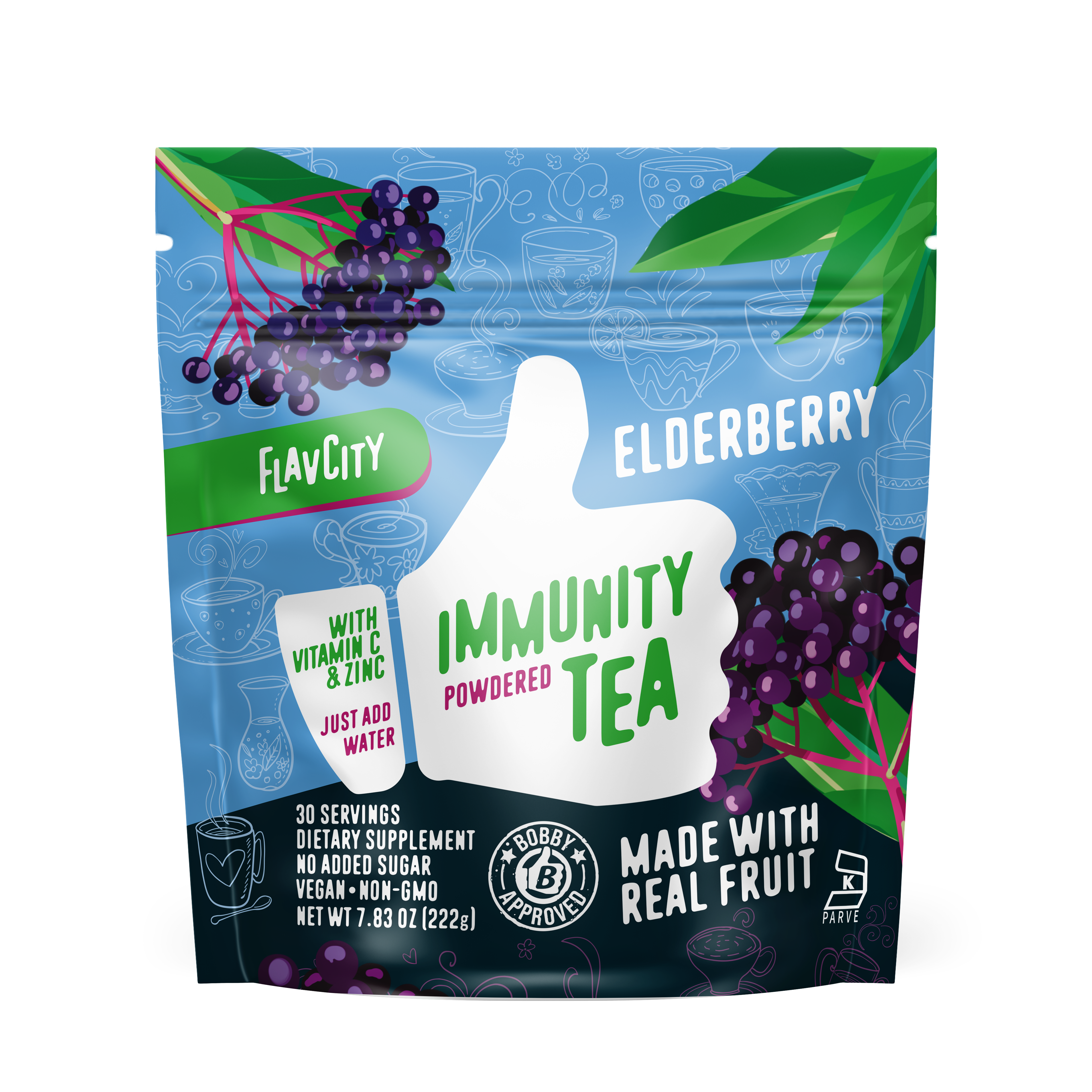 A bag of 'Elderberry' flavored immunity tea, featuring a blue design with elderberries on the front.
