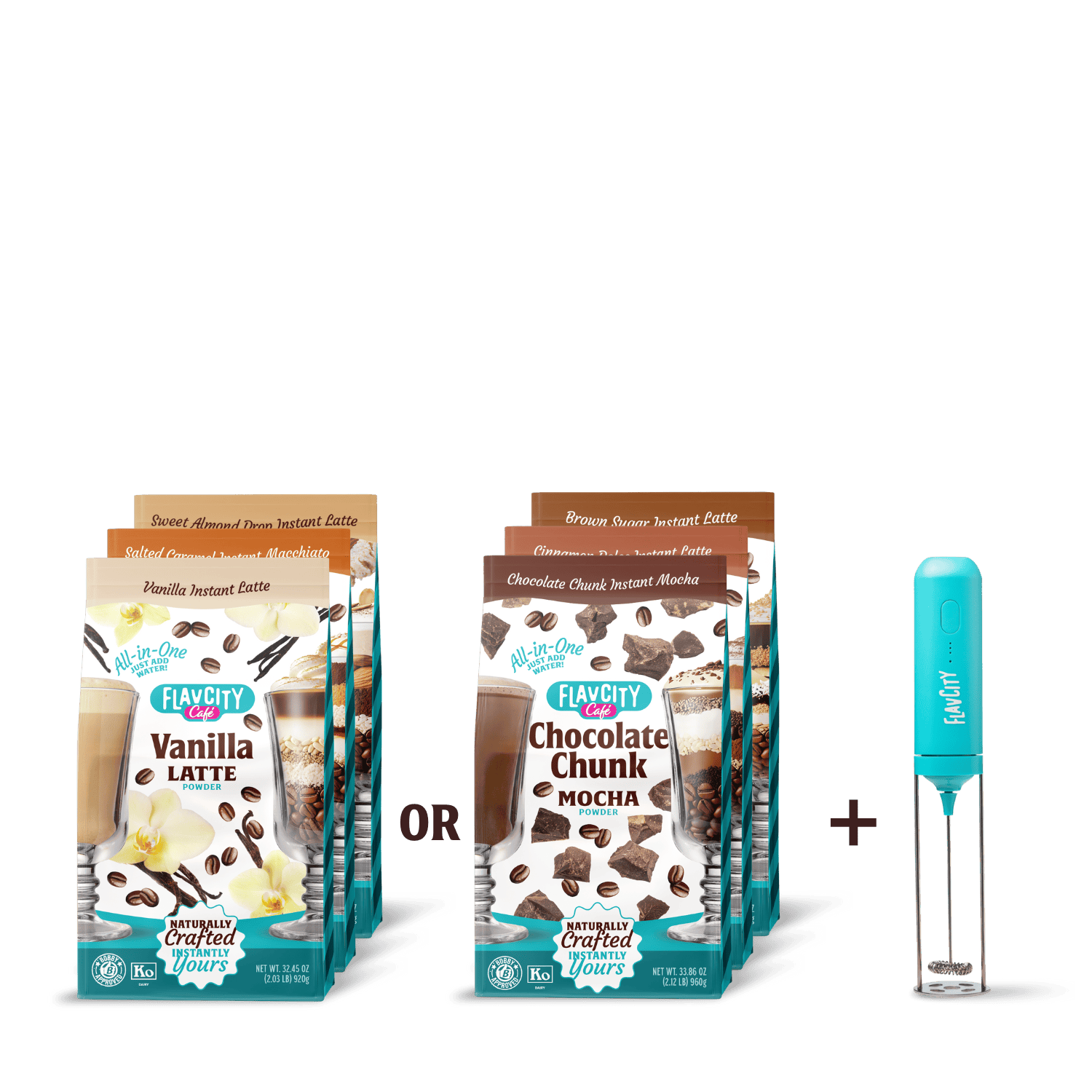 The FlavCity Cafe Latte Lover Bundle features Vanilla Latte and Chocolate Chunk Mocha packs with a blue coffee frother on the right, all set against a white background.