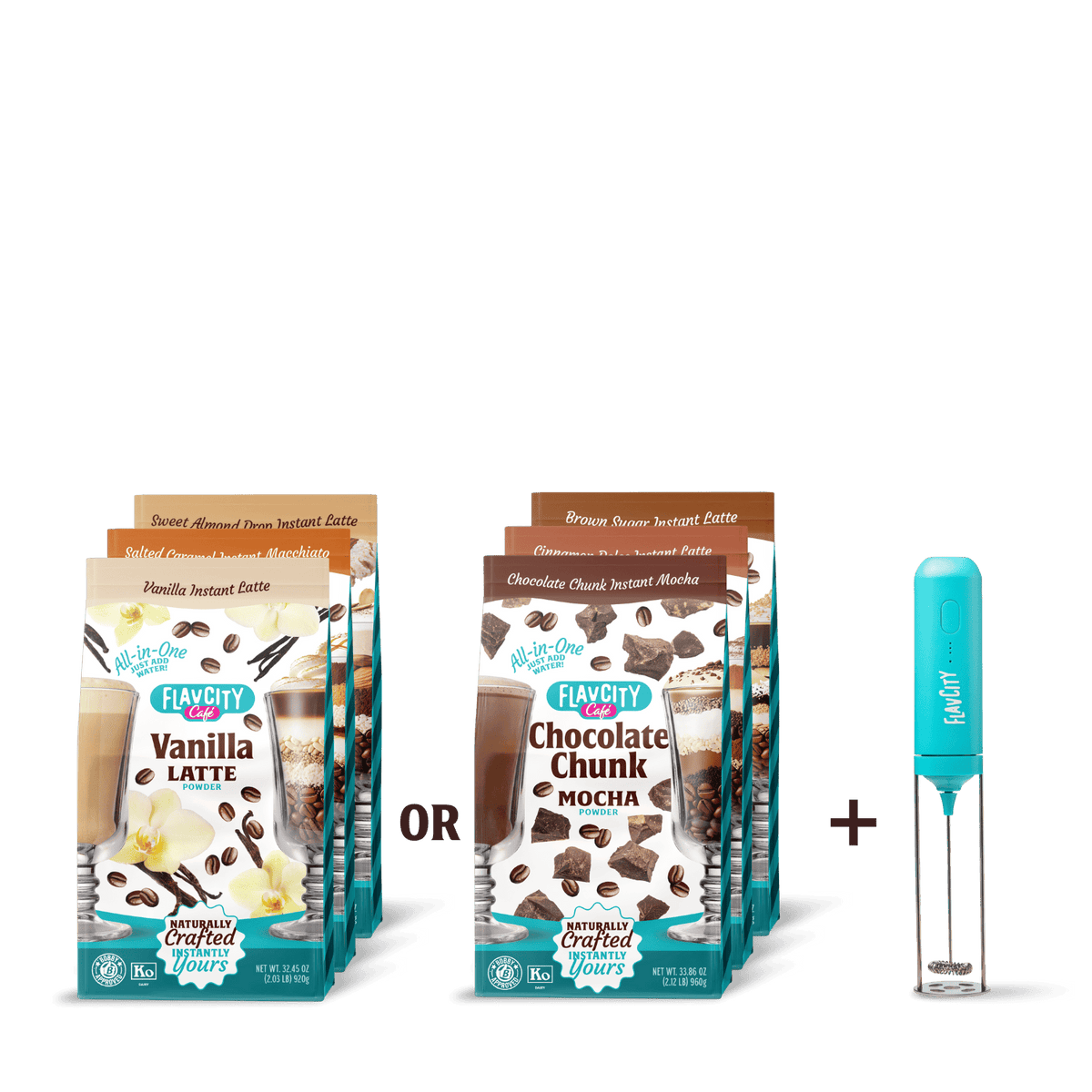 The FlavCity Cafe Latte Lover Bundle features Vanilla Latte and Chocolate Chunk Mocha packs with a blue coffee frother on the right, all set against a white background.