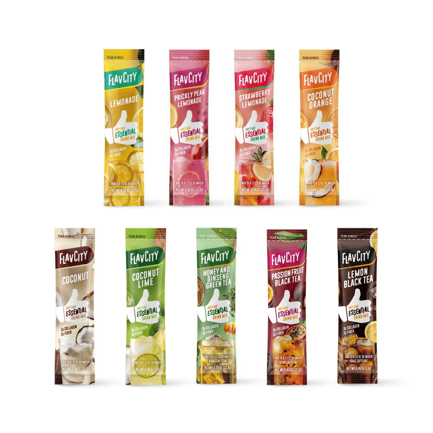 Shop FlavCity's Try-It Kit: Anytime Essentials displays ten drink mix packets in two rows, featuring flavors like Lemonade, Prickly Pear Lemonade, and Strawberry Lemonade—ideal as collagen or electrolyte drinks for a refreshing boost.