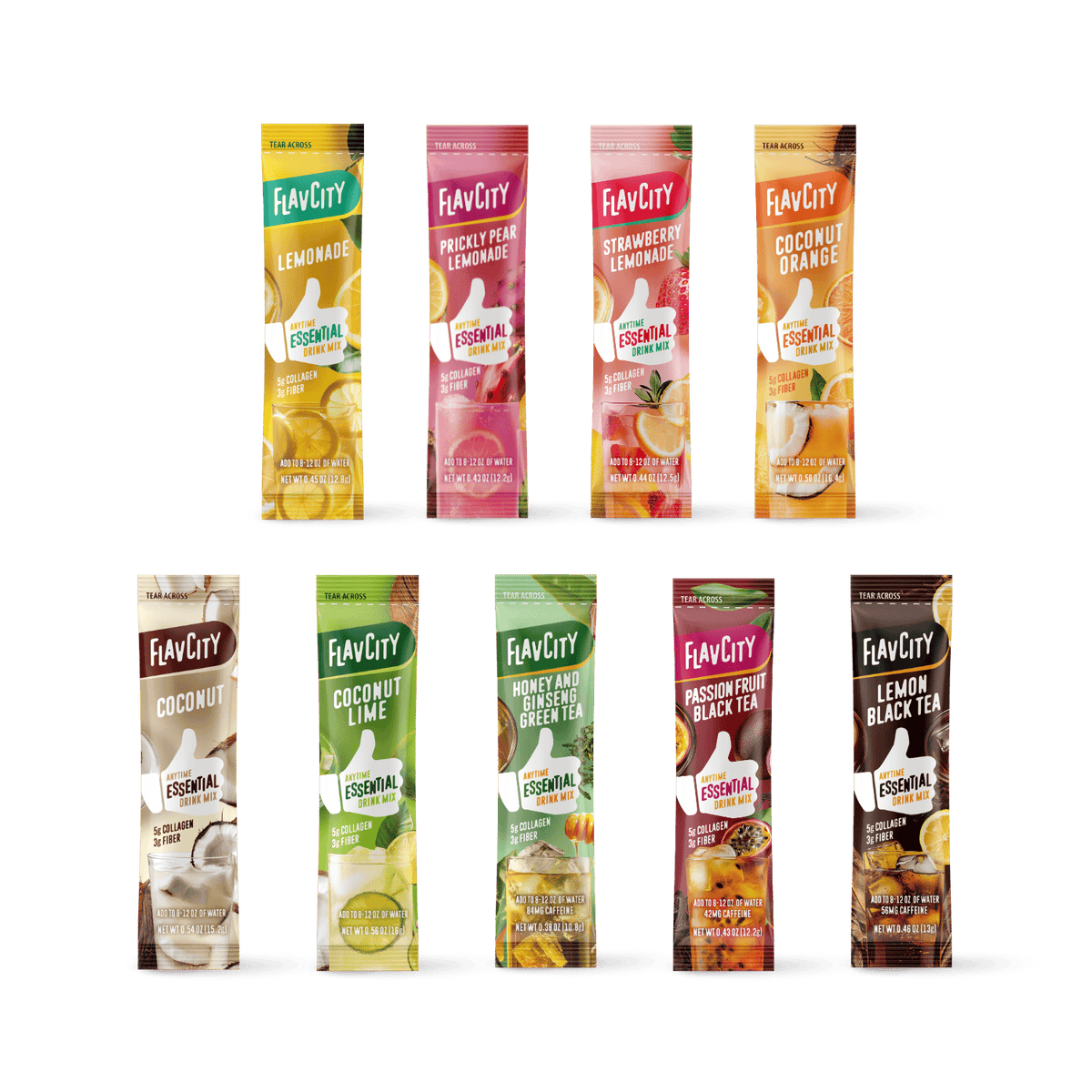 Shop FlavCity's Try-It Kit: Anytime Essentials displays ten drink mix packets in two rows, featuring flavors like Lemonade, Prickly Pear Lemonade, and Strawberry Lemonade—ideal as collagen or electrolyte drinks for a refreshing boost.