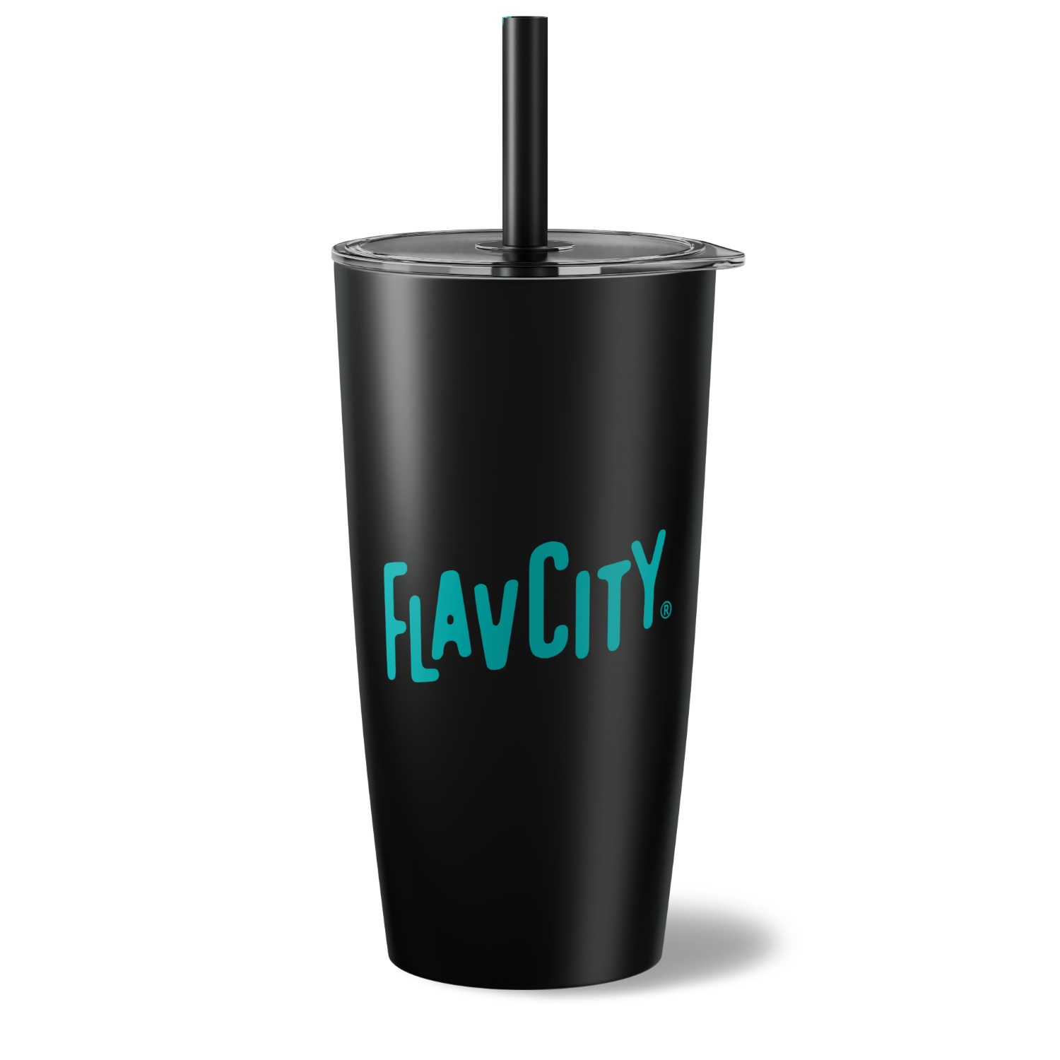 Black tumbler with 'FLAVCITY' logo on a white background