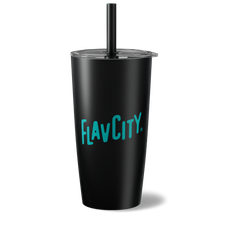 Black tumbler with 'FLAVCITY' logo on a white background