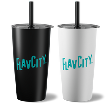 Two tumblers, one black and one white, with 'FLAV CITY' branding on a white background.