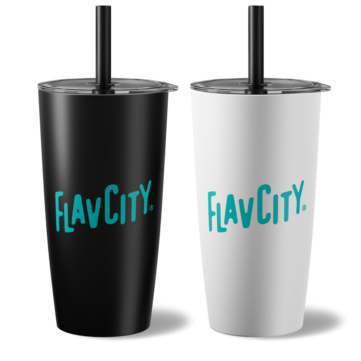 Two tumblers, one black and one white, with 'FLAV CITY' branding on a white background.