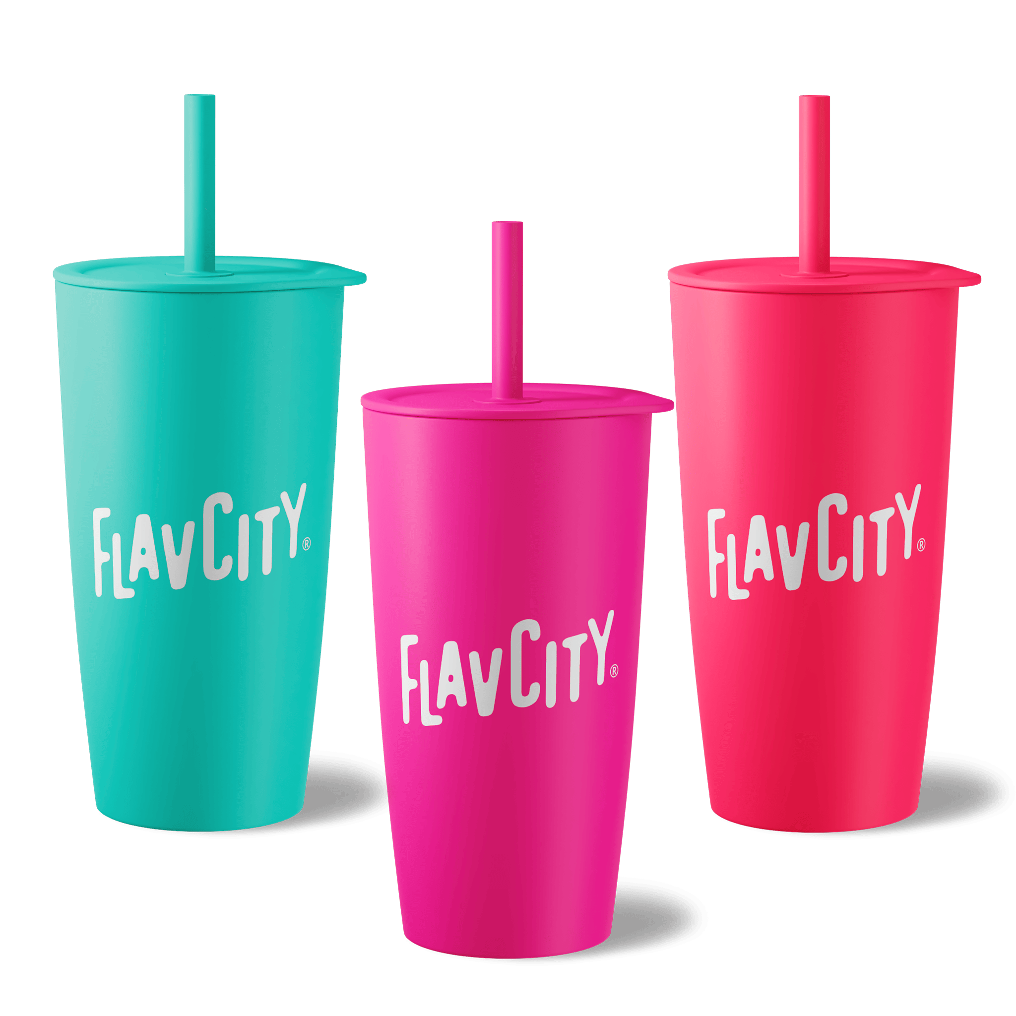 Three Shop FlavCity Straw Tumblers in teal, magenta, and pink are shown with bold white FLAVCITY lettering. Each double-walled stainless steel tumbler with a straw sits on a light gray background.