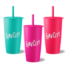 Three Shop FlavCity Straw Tumblers in teal, magenta, and pink are shown with bold white FLAVCITY lettering. Each double-walled stainless steel tumbler with a straw sits on a light gray background.