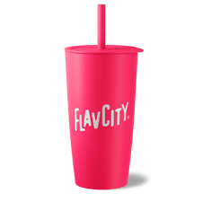 A bright pink Shop FlavCity Straw Tumbler with a matching lid and straw features "FLAVCITY" in bold white letters on the front. The stainless steel tumbler is shown against a plain white background.