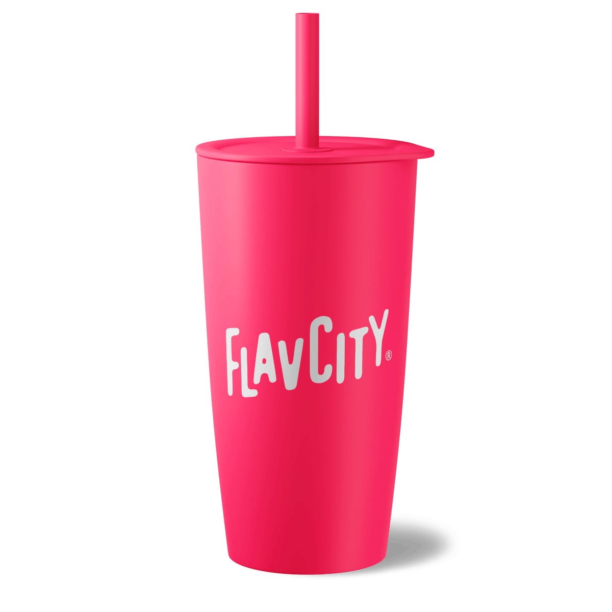 A bright pink Shop FlavCity Straw Tumbler with a matching lid and straw features "FLAVCITY" in bold white letters on the front. The stainless steel tumbler is shown against a plain white background.