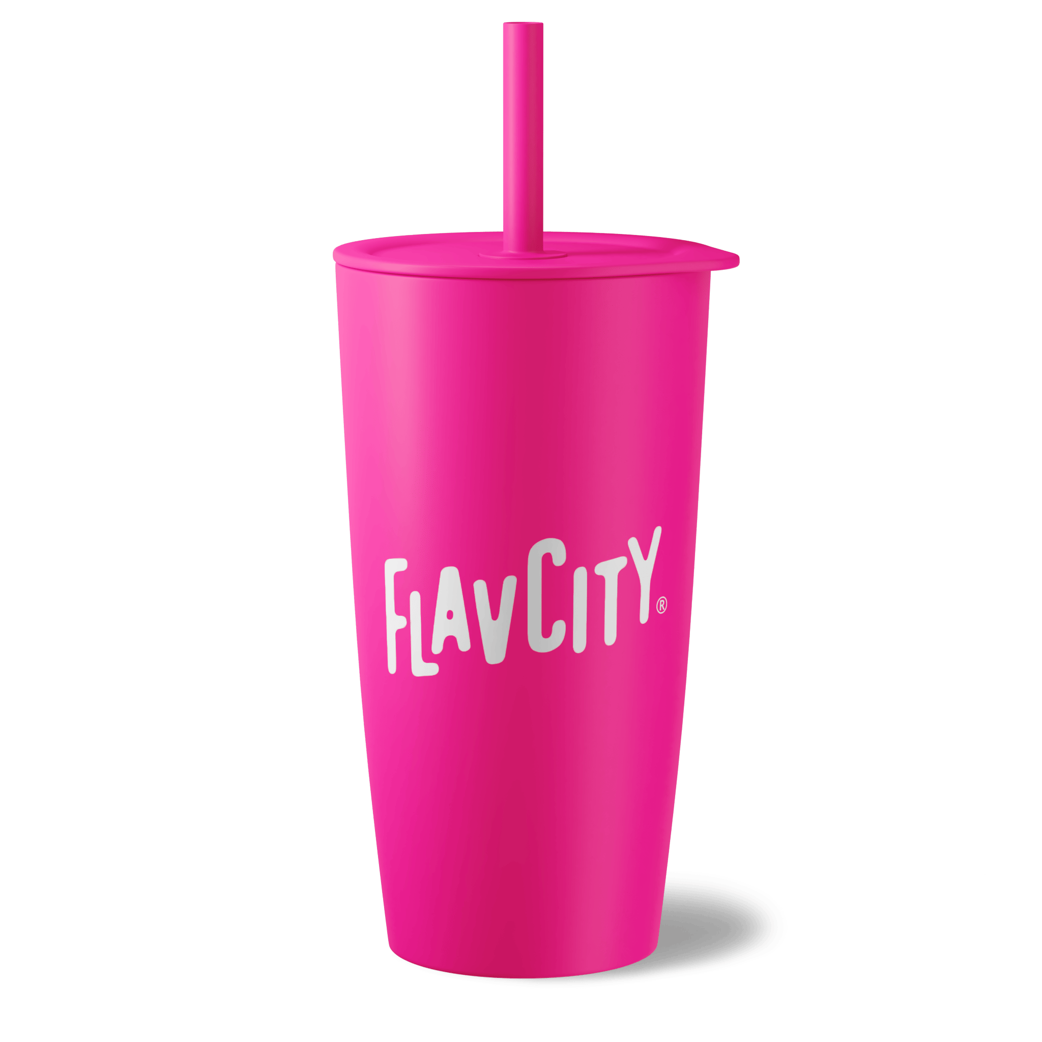 A bright pink reusable tumbler with a matching lid and straw. The word “FLAVCITY” is printed in bold white letters on the front. The background is plain white.