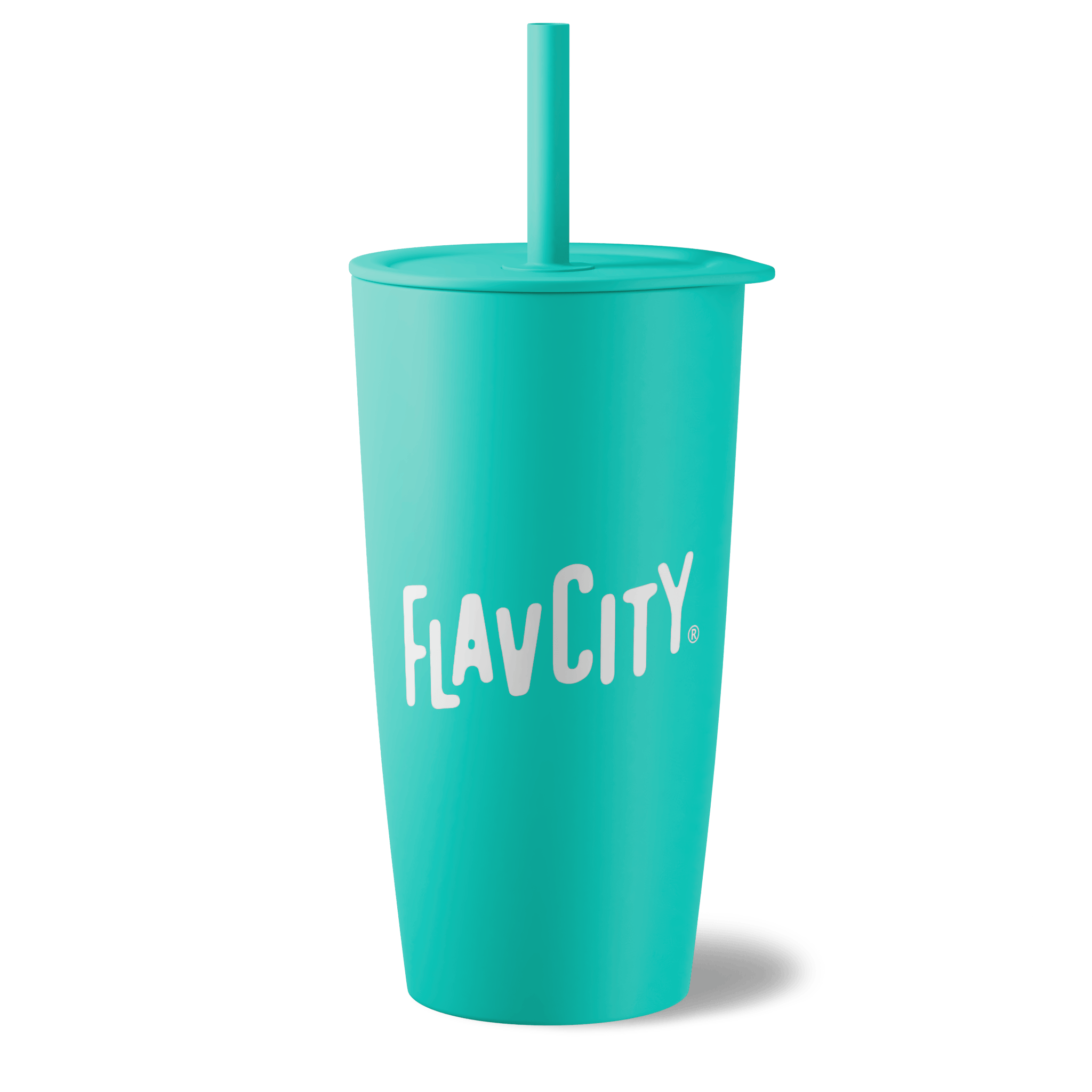 The Shop FlavCity Straw Tumbler, in turquoise with a matching lid and straw and bold white "FLAVCITY" lettering, is shown against a plain white background—ideal for everyday hydration.