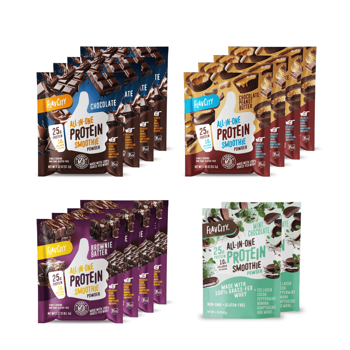 Four pouches of Shop FlavCity's Try-It Kit: Chocolate Lovers Deluxe Sampler are displayed on a white background, featuring Chocolate, Chocolate Batter, Brownie Batter, and Chocolate Cookie flavors—all with grass-fed whey.