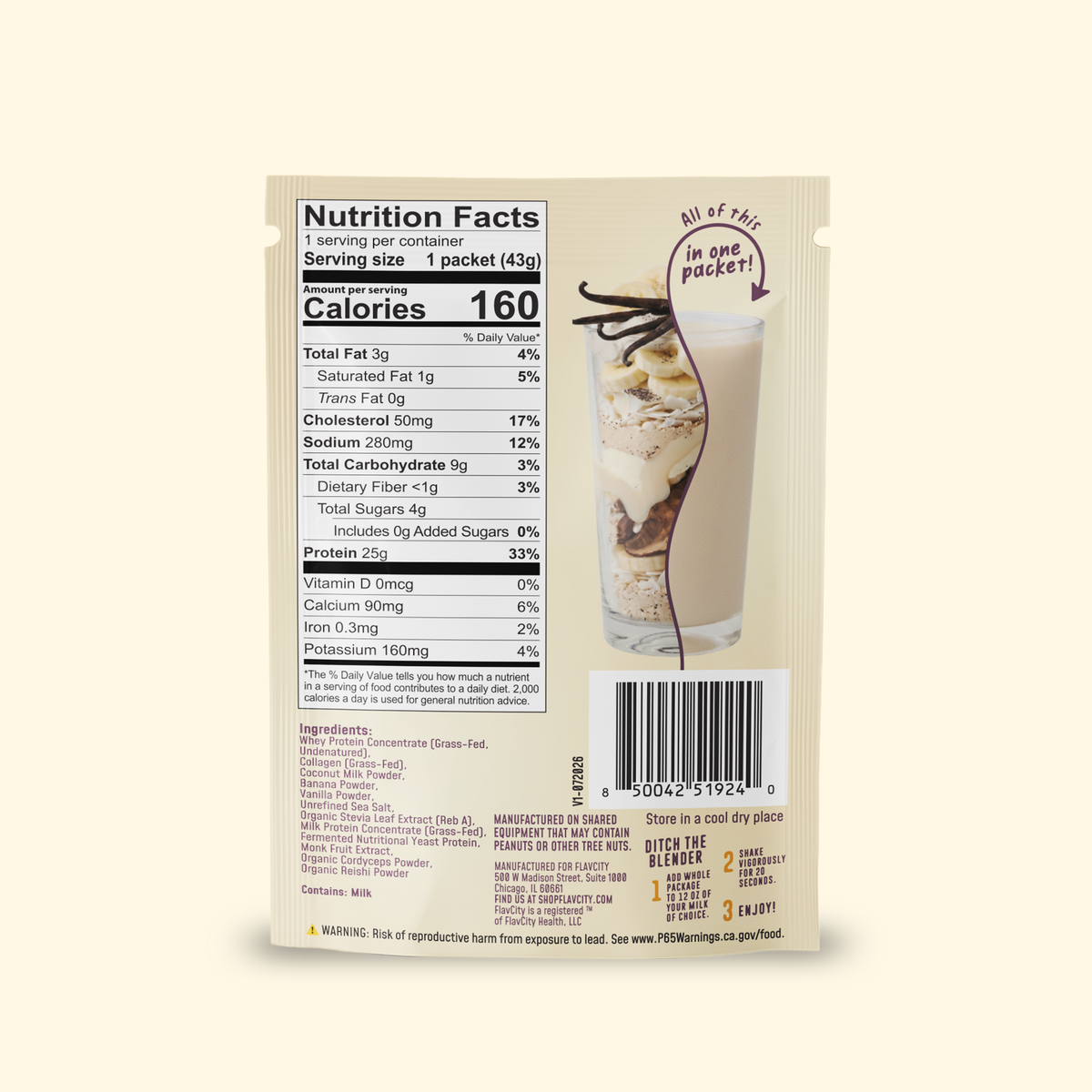 Back of a Vanilla Cream Protein Smoothie Packets packet displaying the nutrition facts, ingredient list, and preparation instructions next to a graphic of a glass of smoothie.