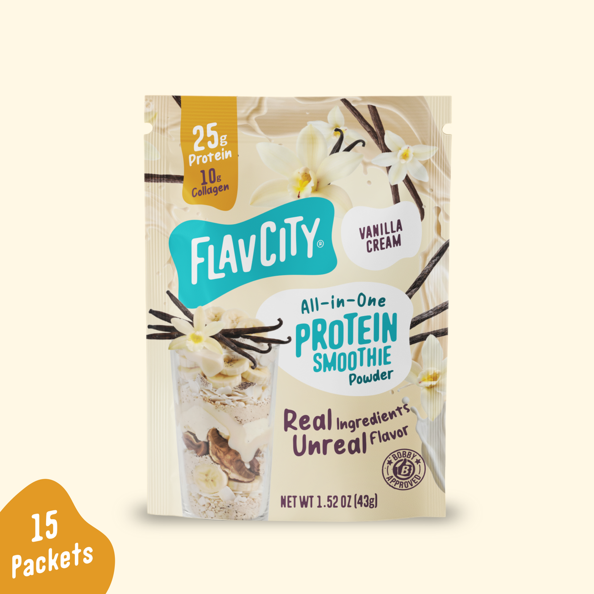 A packet of FlavCity Vanilla Cream Protein Smoothie Packets featuring an illustration of a smoothie with banana slices and vanilla flowers, labeled 25g protein and 10g collagen, with a 15-packet badge in the corner.