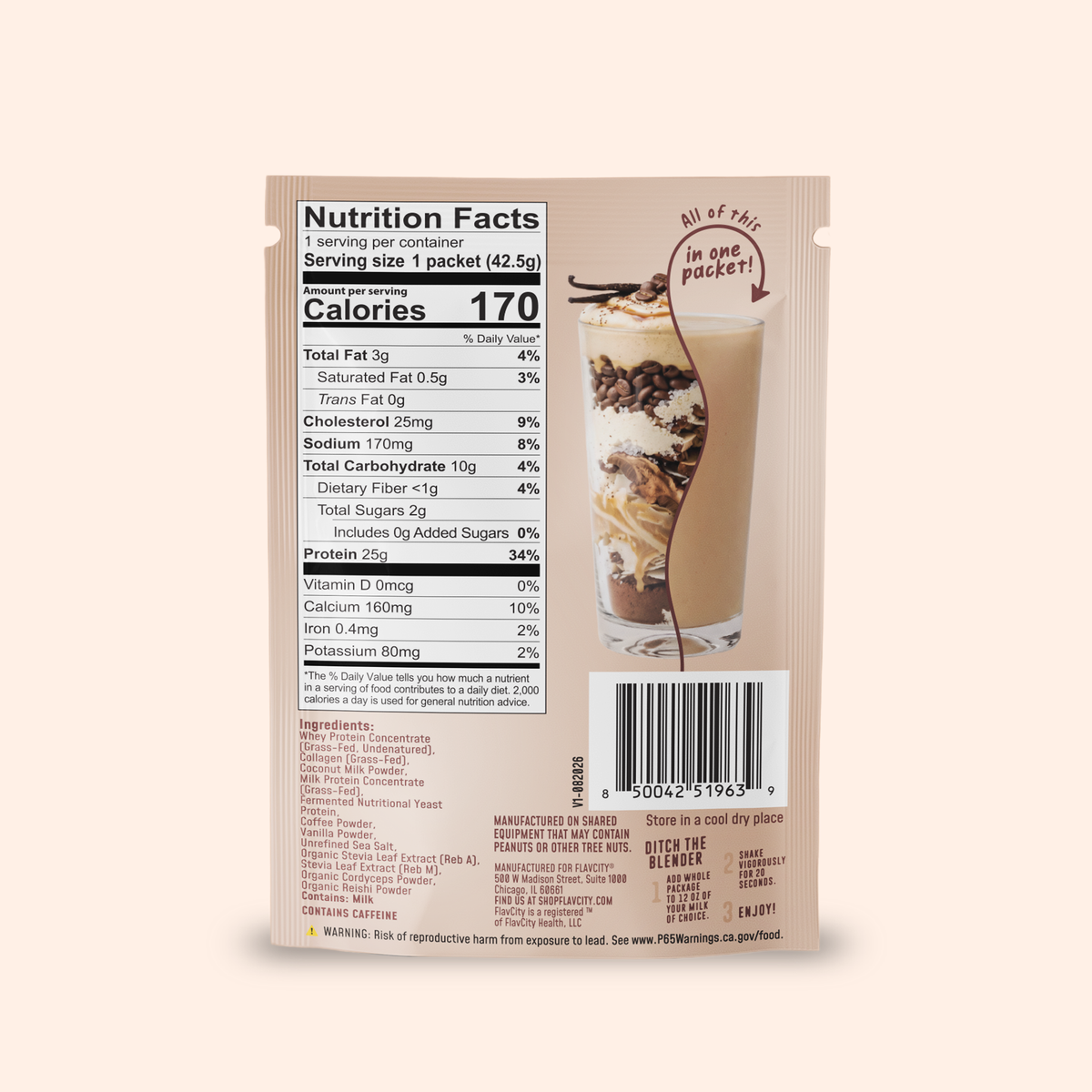 Back of a Vanilla Latte Protein Smoothie packet featuring a nutrition facts label and an image of a vanilla latte.