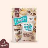 Shop FlavCity Vanilla Latte Protein Smoothie Packets featuring a latte and coffee beans, with labels for 25g protein, 10g collagen, and a 15-packet count.