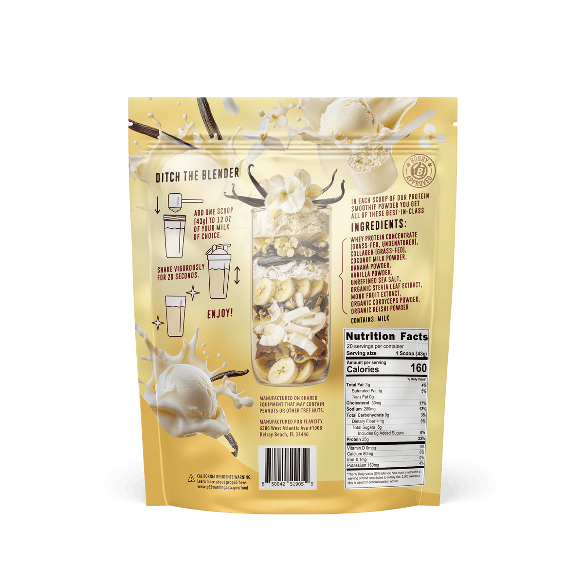 The back of the Shop FlavCity Vanilla Cream Protein Smoothie pouch shows mixing instructions, nutrition facts, a grass-fed whey and collagen ingredient list, vanilla flowers, milk splashes, a powder scoop, and has a yellow and cream design.