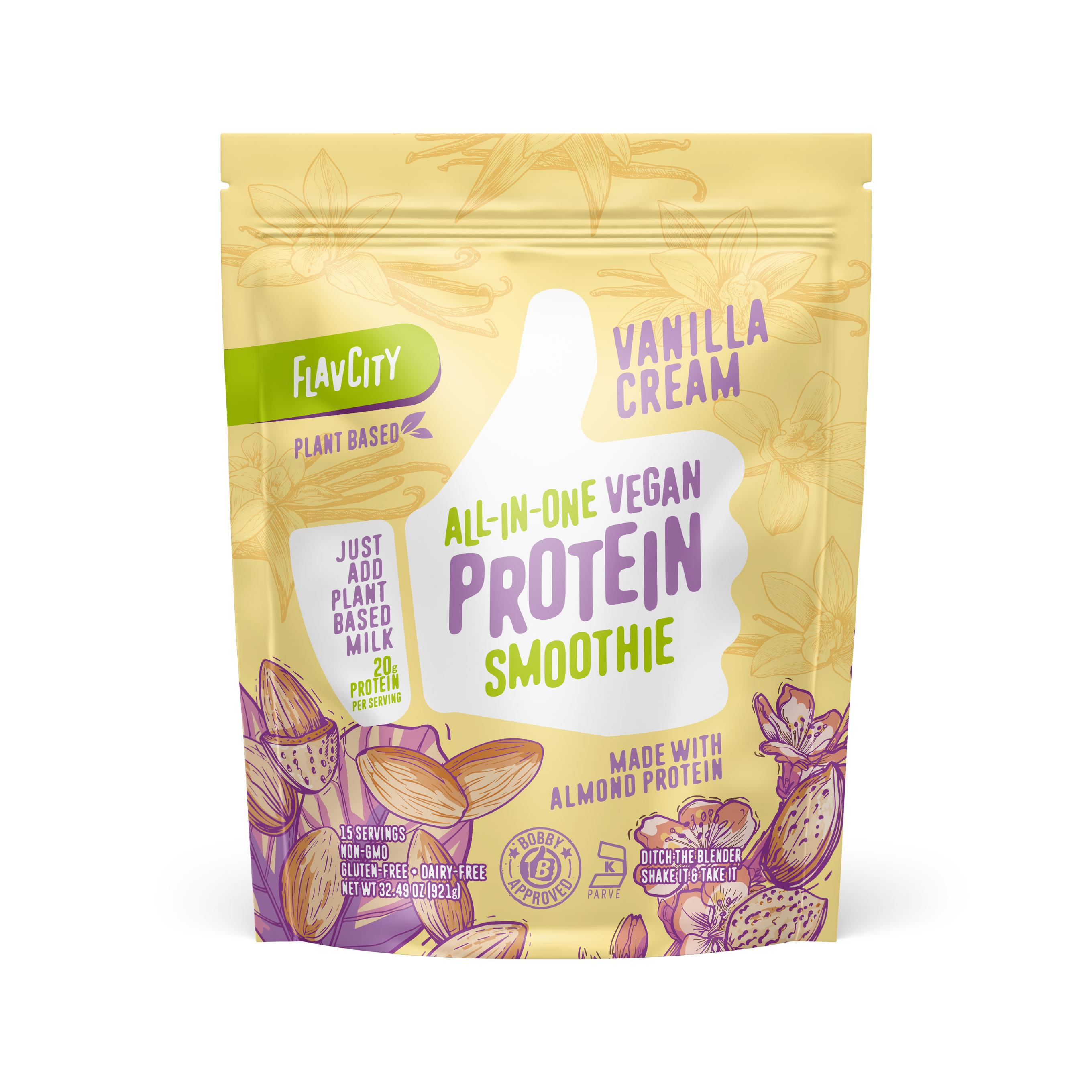 FlavCity Vanilla Cream All-in-One Vegan Protein Smoothie mix in a resealable beige and purple bag. The design features a white thumb-up graphic and text promoting 'Just add plant-based milk,' '20g protein per serving,' 'Made with almond protein,' and 'Bobby Approved,' with illustrations of vanilla flowers and almond pods.