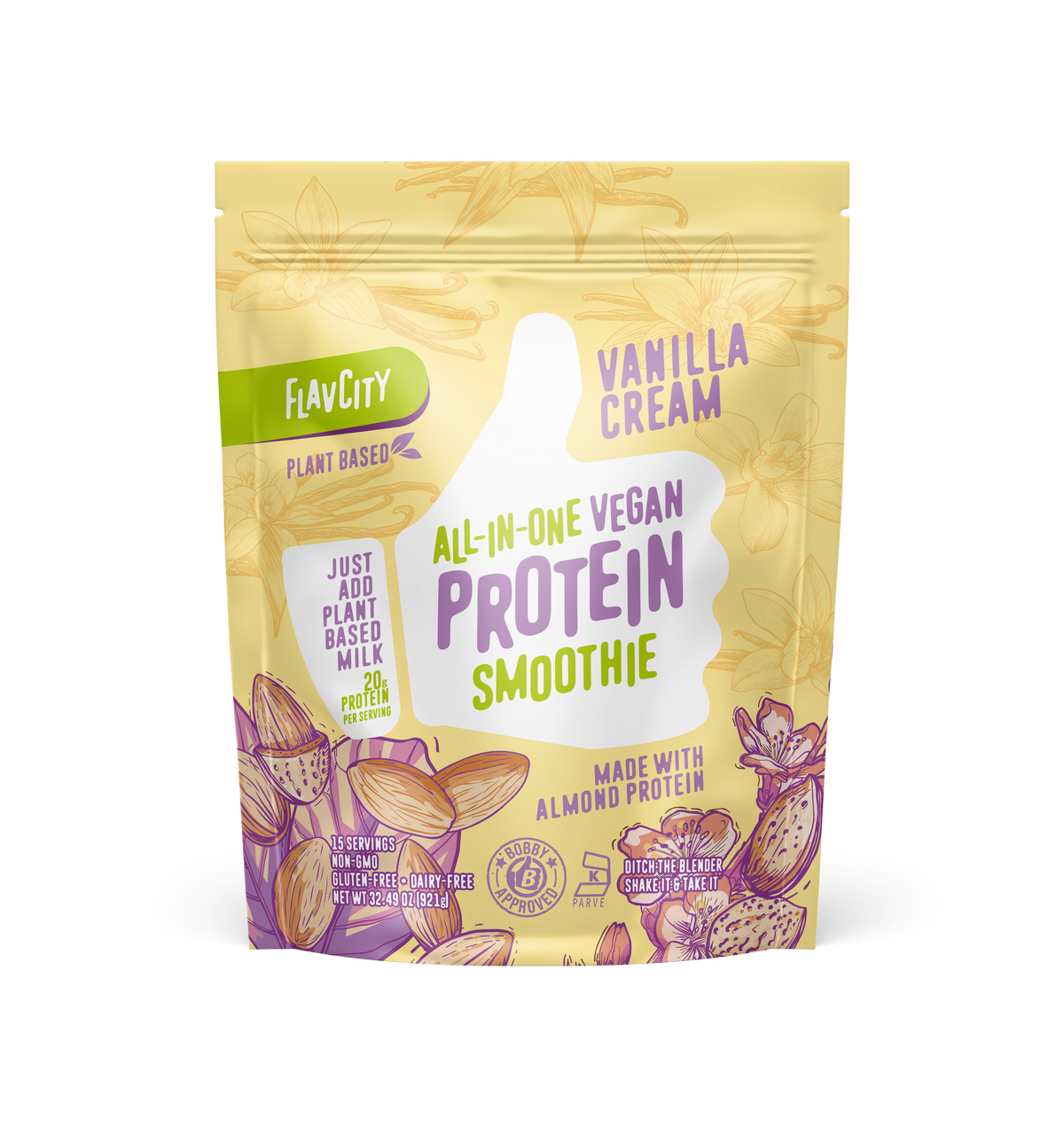 FlavCity Vanilla Cream All-in-One Vegan Protein Smoothie mix in a resealable beige and purple bag. The design features a white thumb-up graphic and text promoting 'Just add plant-based milk,' '20g protein per serving,' 'Made with almond protein,' and 'Bobby Approved,' with illustrations of vanilla flowers and almond pods.