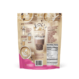 Shop FlavCity’s Vanilla Latte Protein Smoothie drink powder comes in a pouch with illustrated prep instructions, layered coffee images, nutrition facts, grass-fed whey protein ingredients, and latte art on a cream and pink background.
