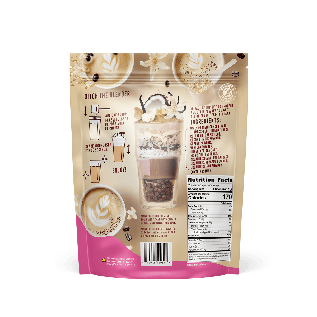 Shop FlavCity’s Vanilla Latte Protein Smoothie drink powder comes in a pouch with illustrated prep instructions, layered coffee images, nutrition facts, grass-fed whey protein ingredients, and latte art on a cream and pink background.