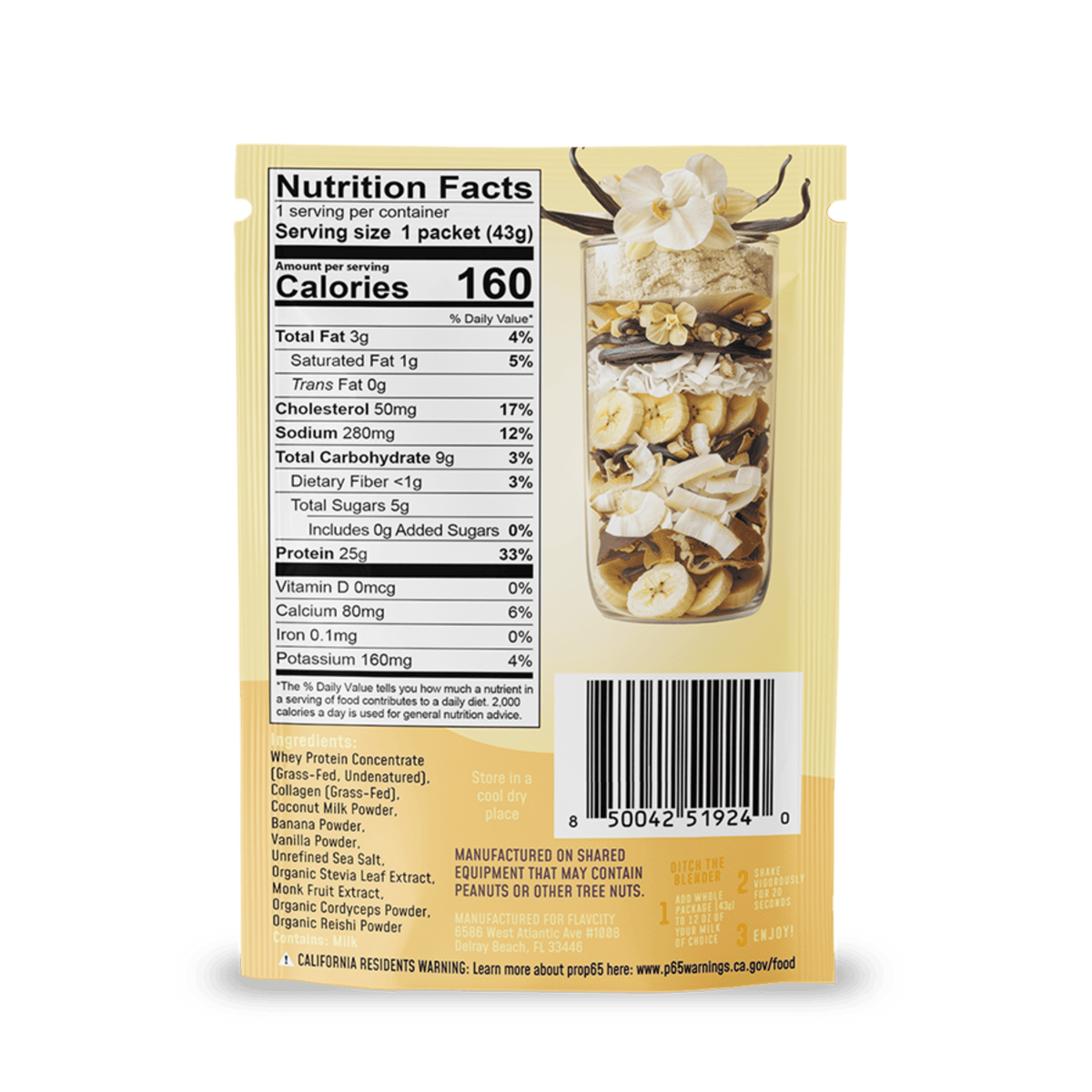 A packet of Shop FlavCity Vanilla Cream Protein Smoothie features a clear window displaying the granola, banana chips, and nuts inside. The back shows the Nutrition Facts label and barcode, while the top of the package is decorated with white flowers and antler graphics.