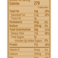 Close up of the nutrition facts for the 'Plant-Based Chocolate Peanut Butter Protein Smoothie' bag.