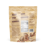 Back of a beige Shop FlavCity snack package with floral and nut designs. Centered is the Nutrition Facts label for the Plant-Based Chocolate Peanut Butter Protein Smoothie, plus ingredients, nutrition info, directions, and company details.