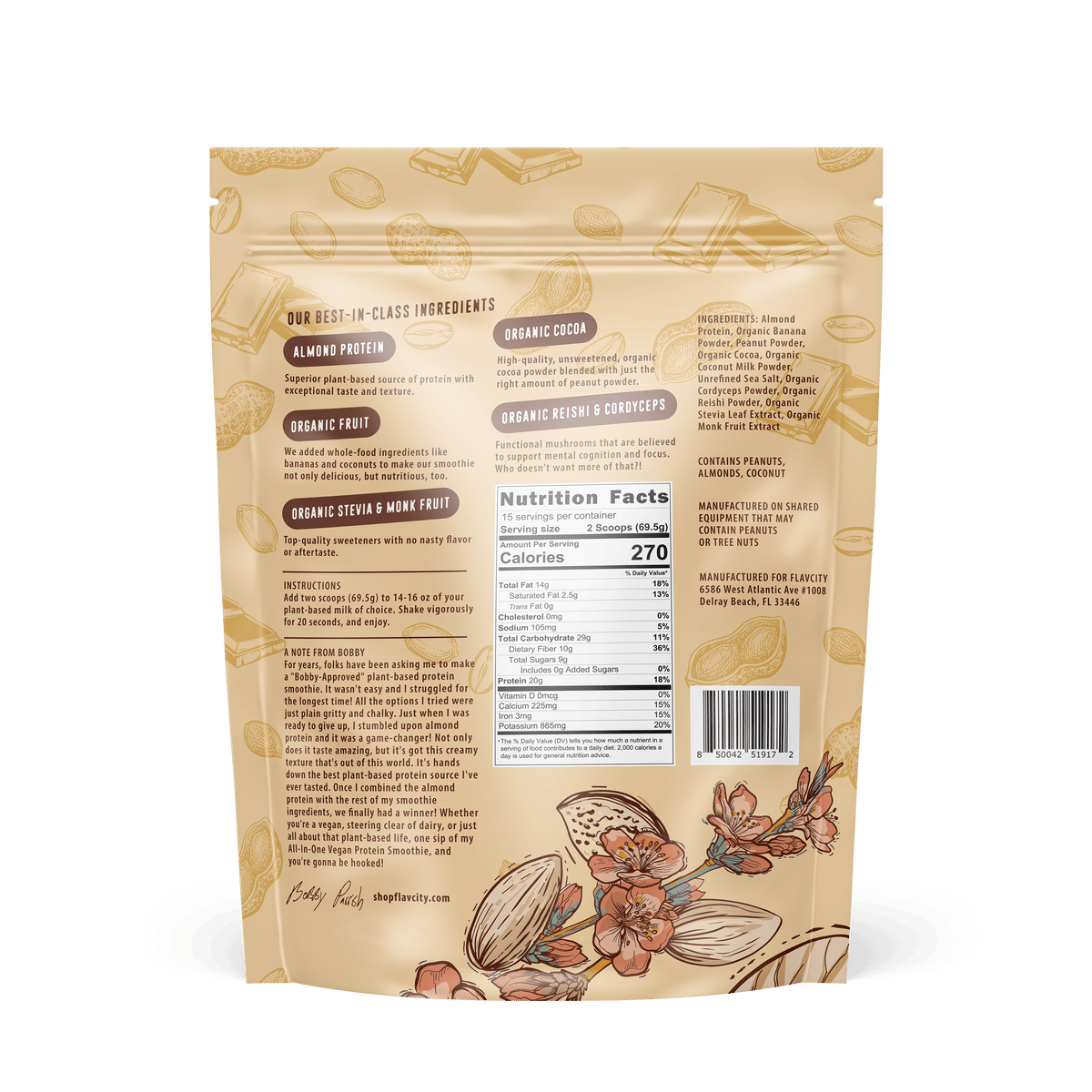 Back of a beige Shop FlavCity snack package with floral and nut designs. Centered is the Nutrition Facts label for the Plant-Based Chocolate Peanut Butter Protein Smoothie, plus ingredients, nutrition info, directions, and company details.