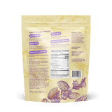 A beige resealable pouch of Shop FlavCity Plant-Based Vanilla Protein Smoothie features purple and yellow botanicals, displaying the back with nutrition facts, ingredients, product description, and highlights like almond protein and dairy-free ingredients.