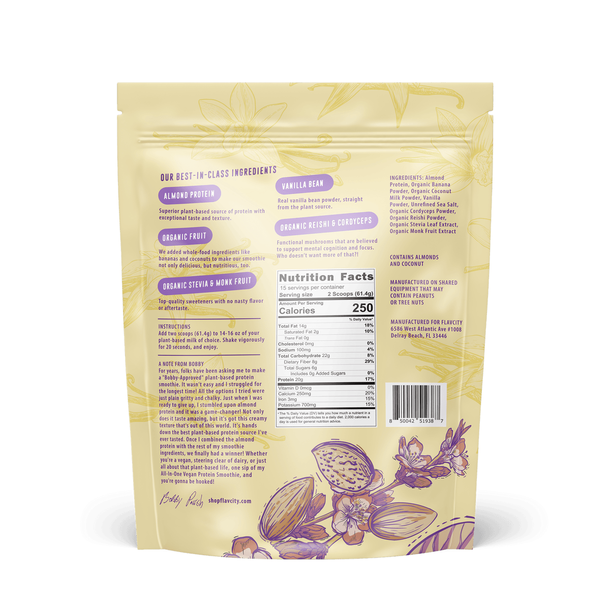 A beige resealable pouch of Shop FlavCity Plant-Based Vanilla Protein Smoothie features purple and yellow botanicals, displaying the back with nutrition facts, ingredients, product description, and highlights like almond protein and dairy-free ingredients.