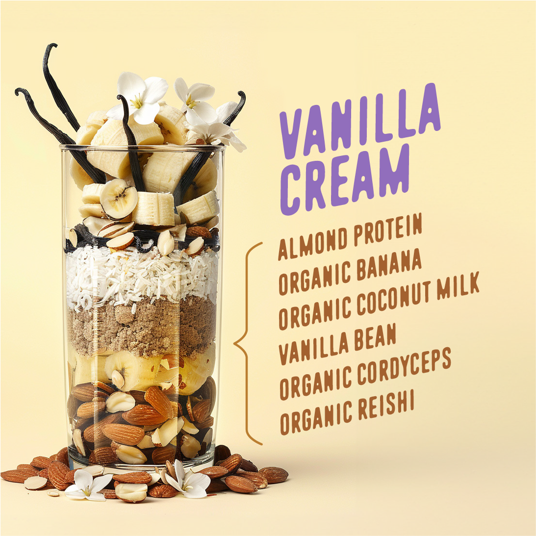 FlavCity Vegan Vanilla Cream All-in-One Protein Smoothie in a glass jar filled with layers of bananas, almonds, shredded coconut, and vanilla bean pods, surrounded by scattered almonds and white vanilla flowers. The design highlights ingredients like "Almond Protein," "Organic Banana," "Organic Coconut Milk," "Vanilla Bean," "Organic Cordyceps," and "Organic Reishi," set against a soft cream-colored background.