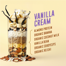 FlavCity Vegan Vanilla Cream All-in-One Protein Smoothie in a glass jar filled with layers of bananas, almonds, shredded coconut, and vanilla bean pods, surrounded by scattered almonds and white vanilla flowers. The design highlights ingredients like "Almond Protein," "Organic Banana," "Organic Coconut Milk," "Vanilla Bean," "Organic Cordyceps," and "Organic Reishi," set against a soft cream-colored background.