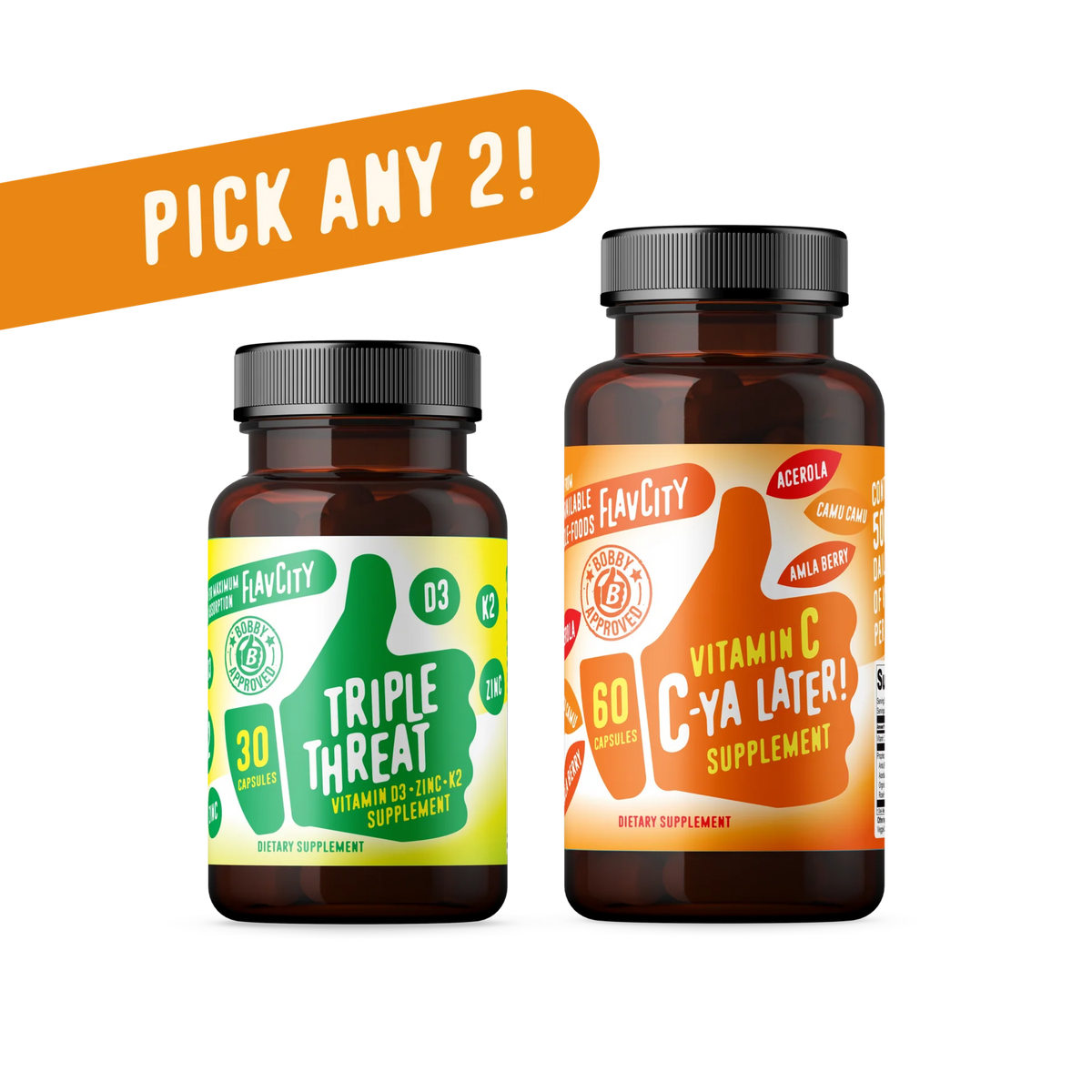 A bundle of two vitamin supplement bottles, showcasing a range of vitamins designed to support overall health and well-being.