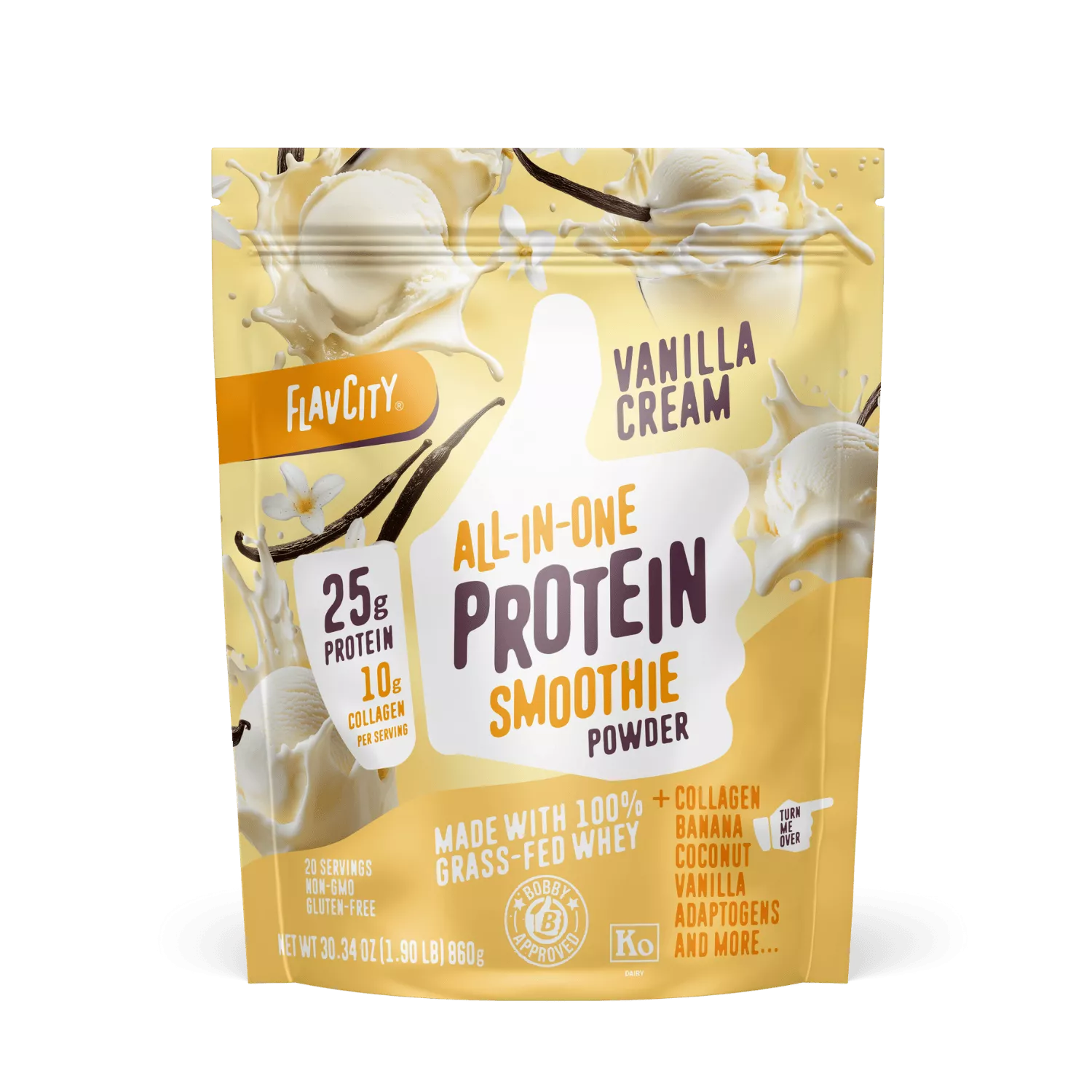 A yellow and cream pouch of Shop FlavCity Vanilla Cream Protein Smoothie, highlighting 25g protein, 10g collagen, banana, coconut, and vanilla, with images of vanilla flowers and ice cream on the packaging.