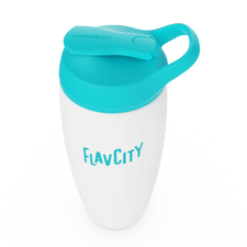 The Shop FlavCity Shaker Bottle is a white insulated bottle with a turquoise lid and handle, featuring FLAVCITY in turquoise on the front—ideal for keeping your shakes cold and smooth.