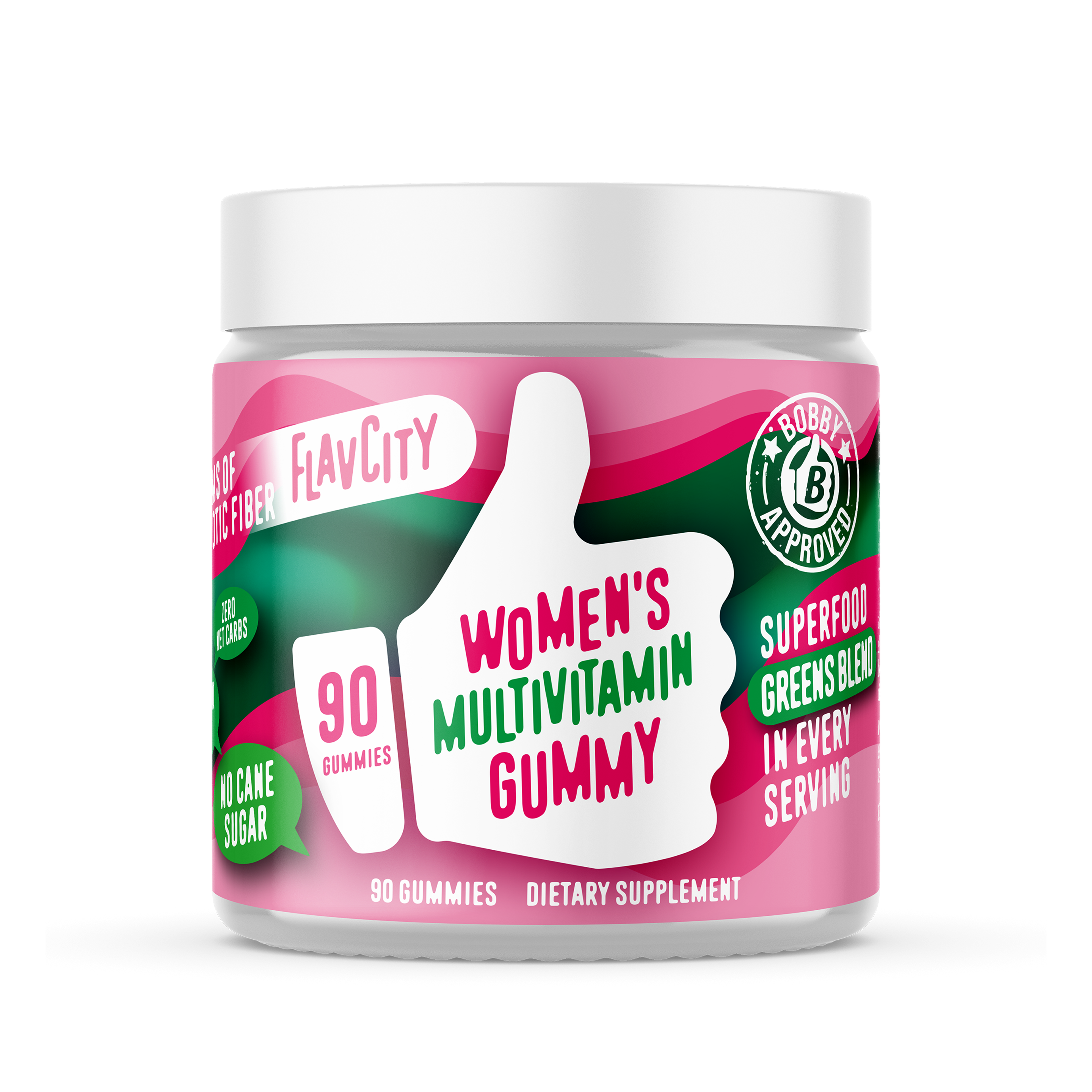 FlavCity Women’s Multivitamin Gummy in a white jar with a pink and green design. The label features a white thumb-up graphic and text promoting '90 gummies,' 'Superfood greens blend in every serving,' 90 gummies.