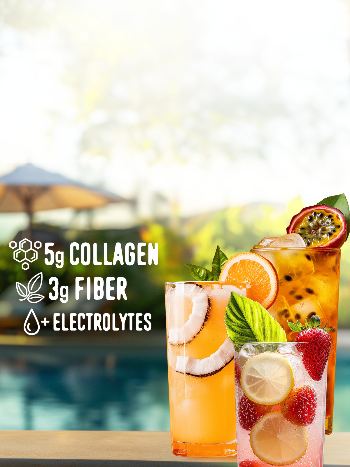 Two colorful FlavCity Everyday Essentials drinks with fruit and herbs on a blurred outdoor background