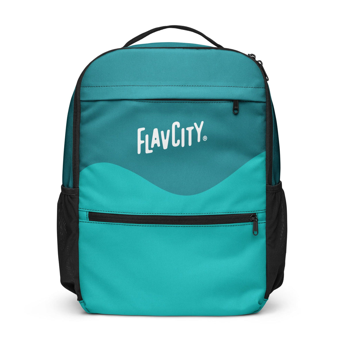 The Shop FlavCity Utility Backpack - Wave Logo features teal and turquoise colors, black side pockets, a front zipper pocket, the white FlavCity logo on top, and a dedicated laptop compartment for added convenience.